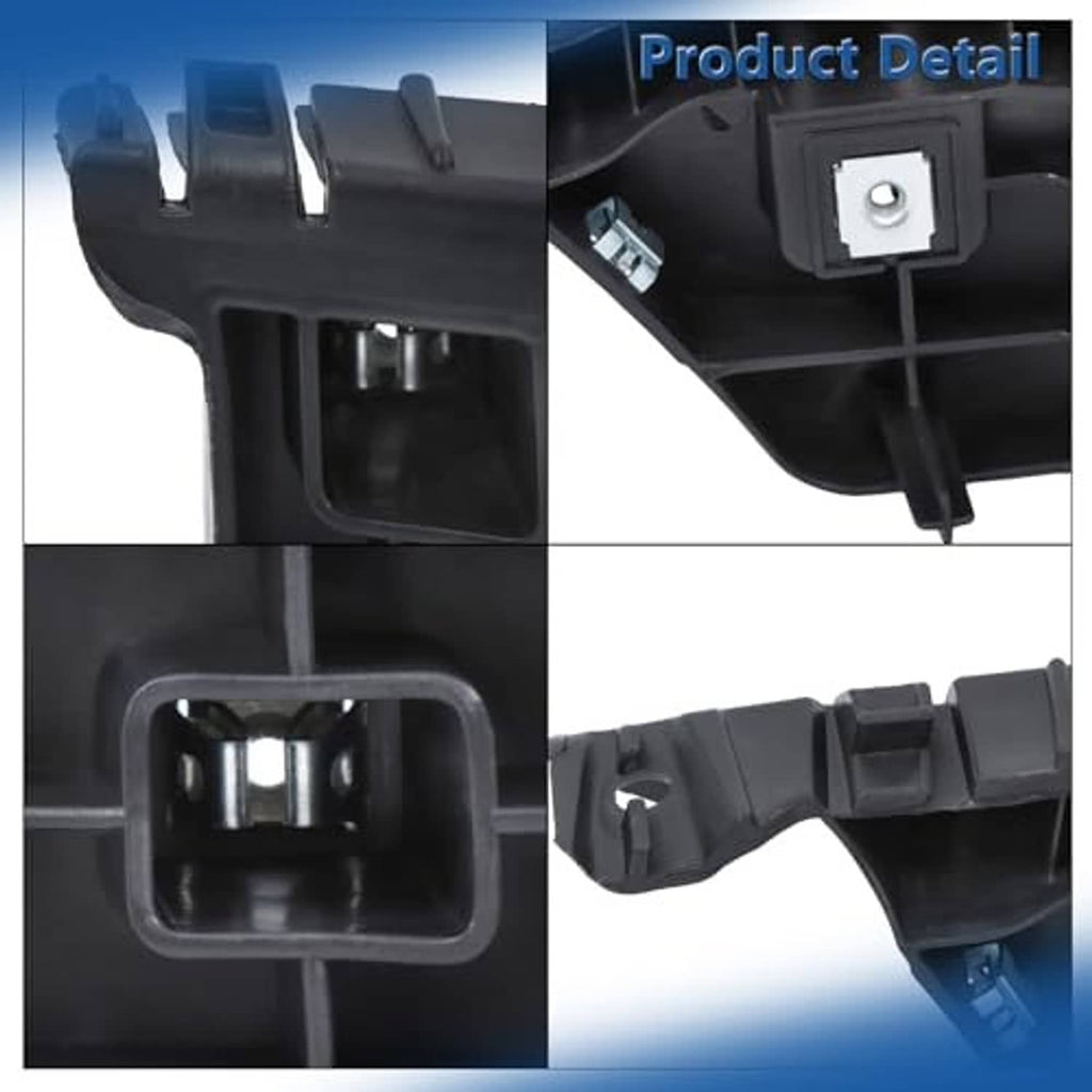 Black front bumper bracket close-up showing metal stud mount and molded locking tabs