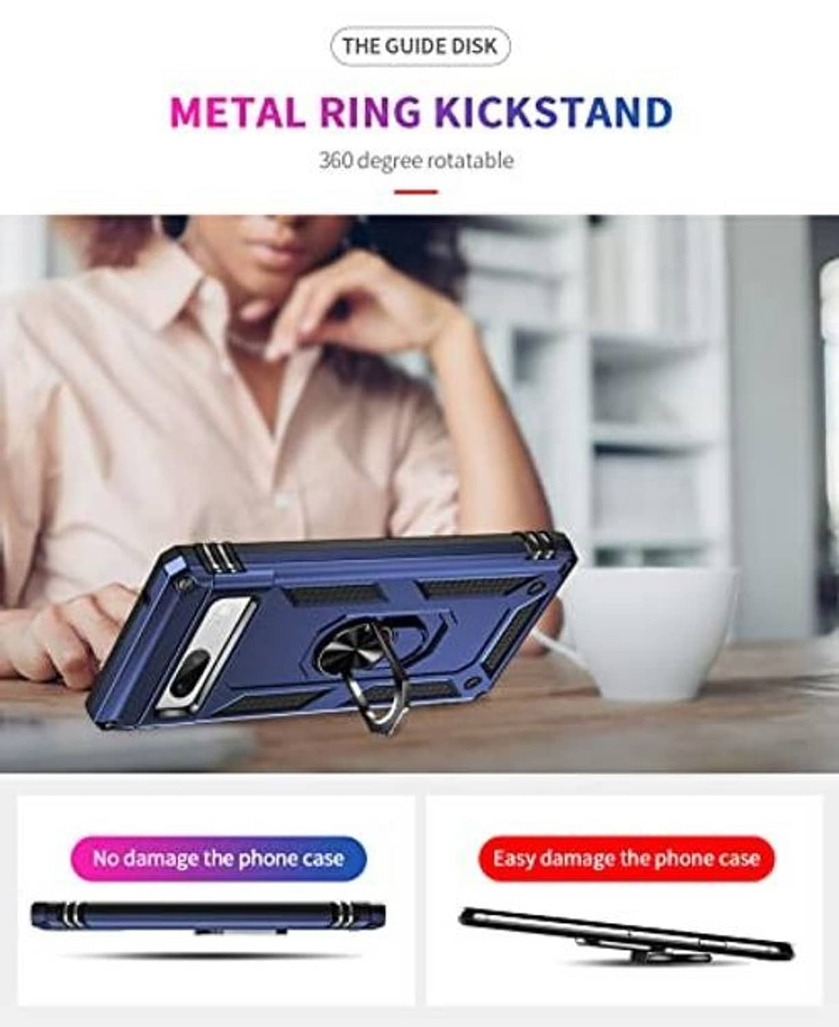 Blue rugged phone case with metal ring kickstand for tabletop viewing