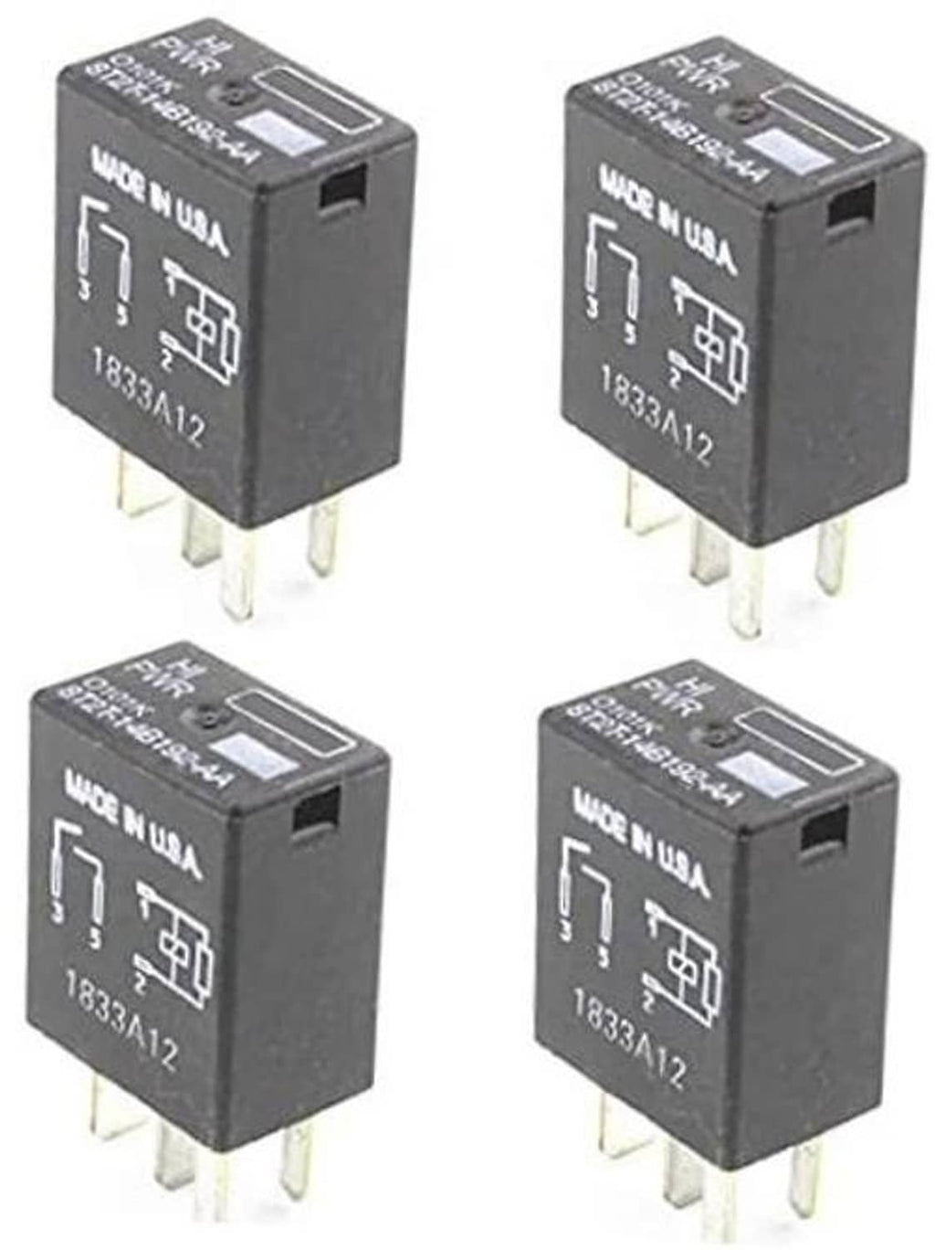 Four black 4-pin automotive relays with silver blade terminals, labeled 1833A12.