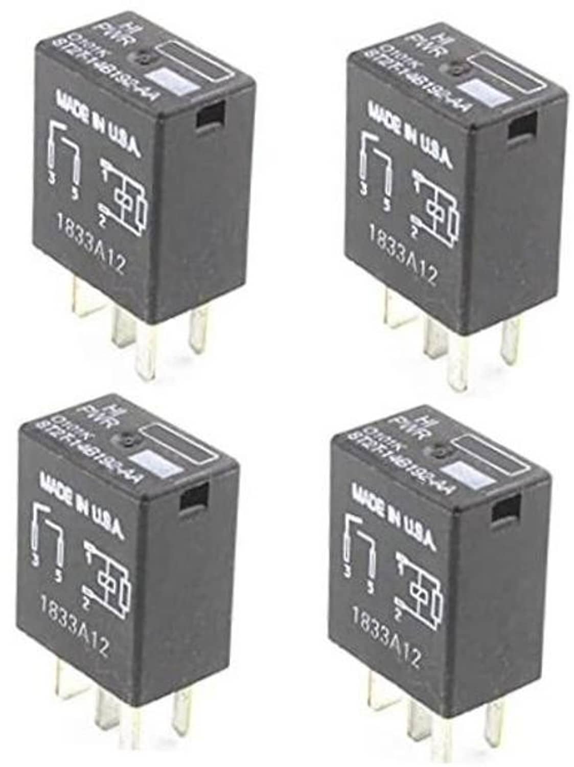 Four black 4-pin automotive relays with silver blade terminals, labeled 1833A12.
