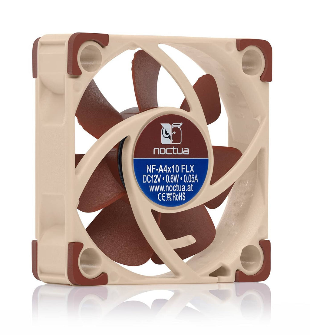 Brown PC case fan with circular hub label on cream frame, four blades visible