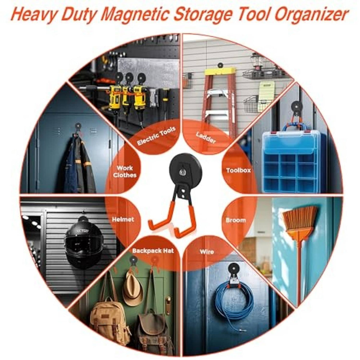 Magnetic storage hook set with black bases and orange U hangers for organizing tools