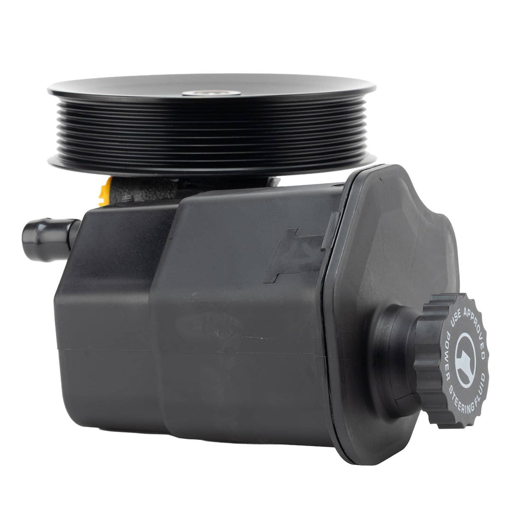 Power steering pump with reservoir, three-quarter view of reservoir and cap details