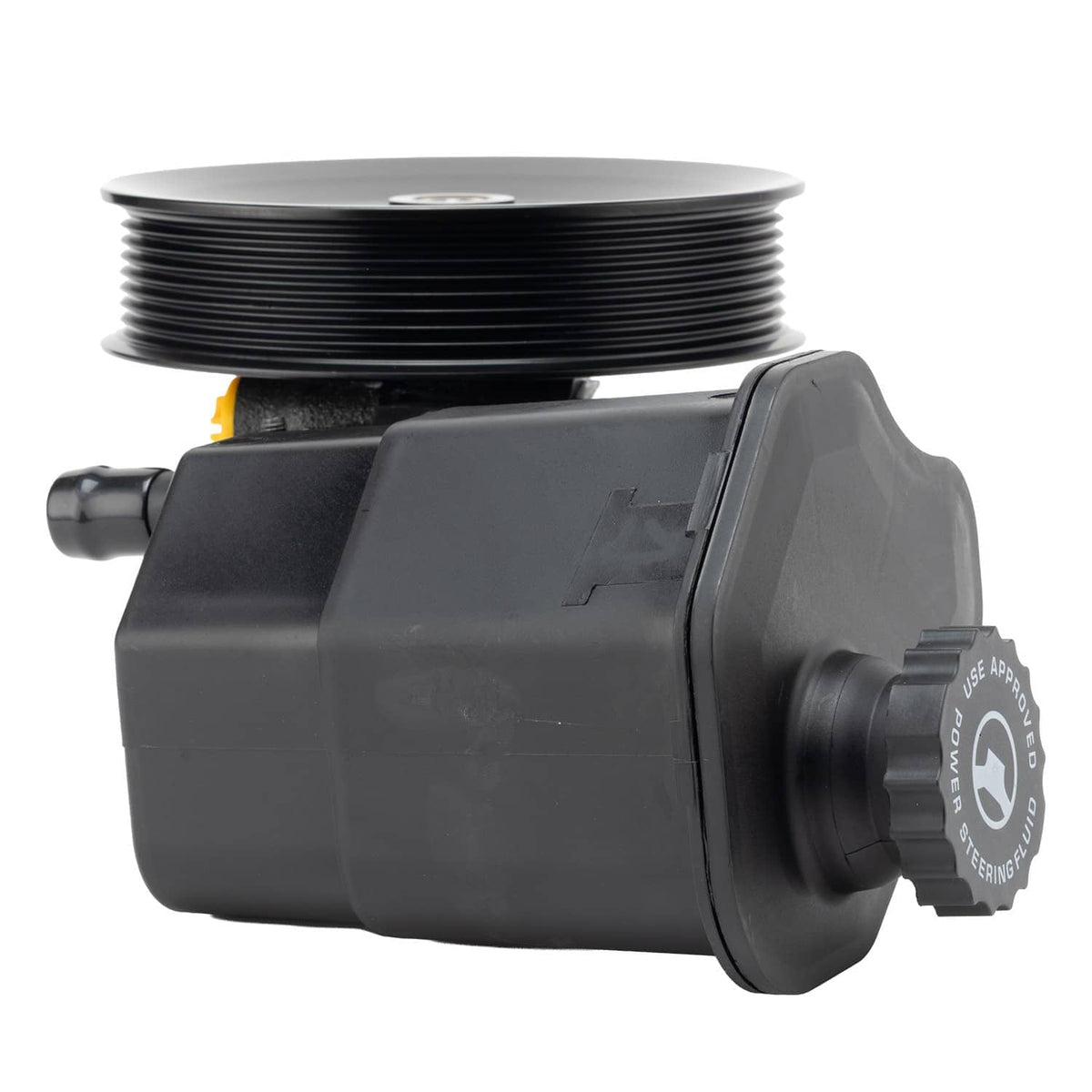 Power steering pump with reservoir, three-quarter view of reservoir and cap details