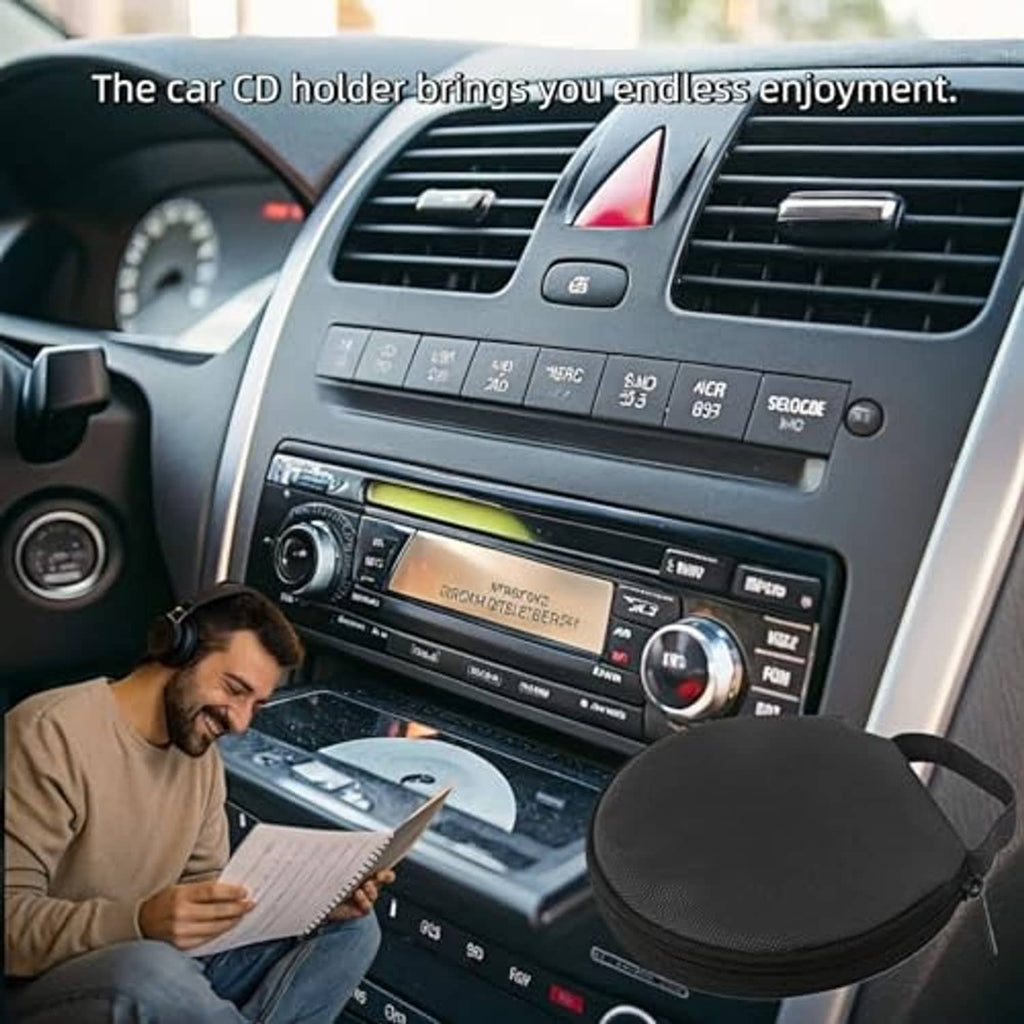 Black round CD holder wallet with zip closure and carry strap
