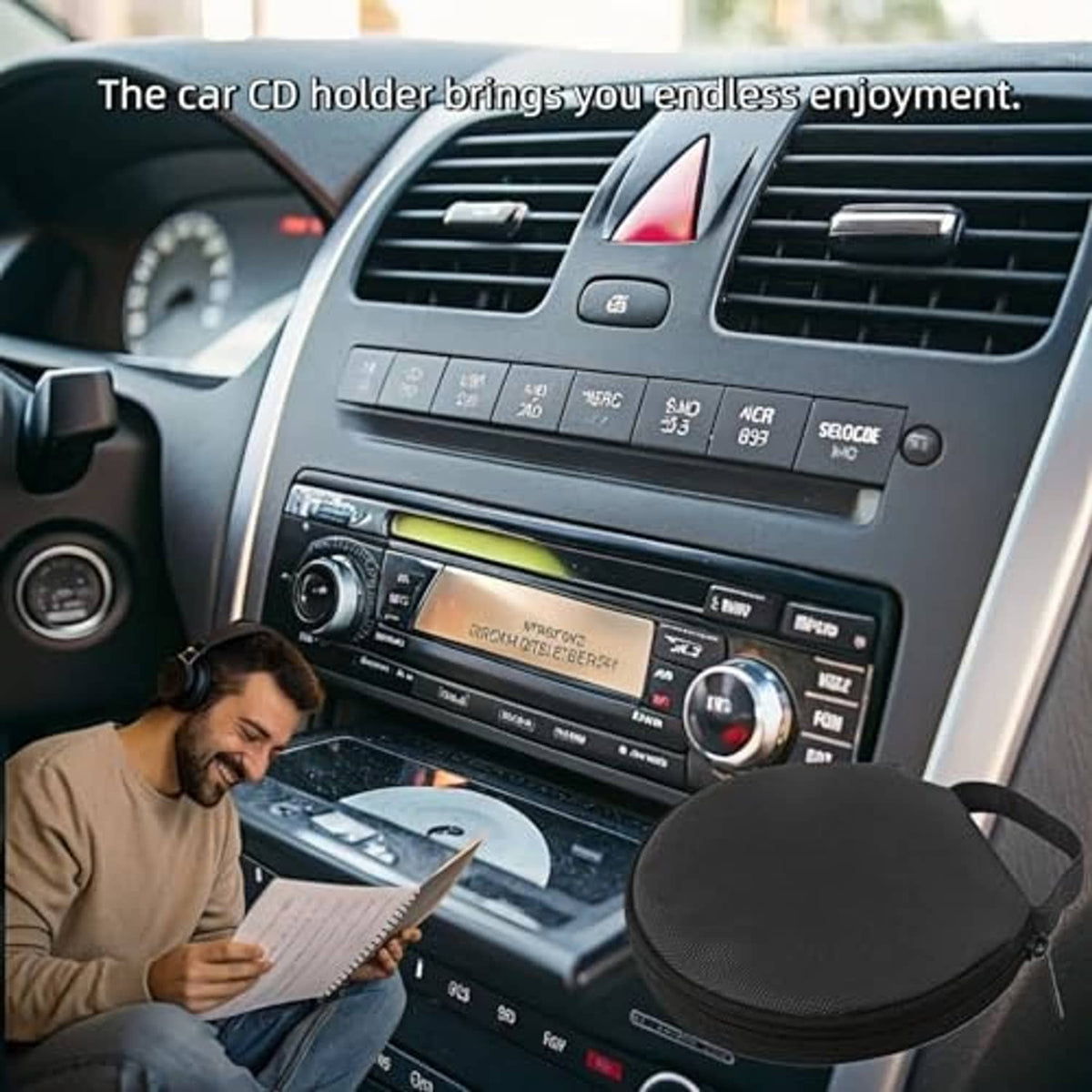 Black round CD holder wallet with zip closure and carry strap