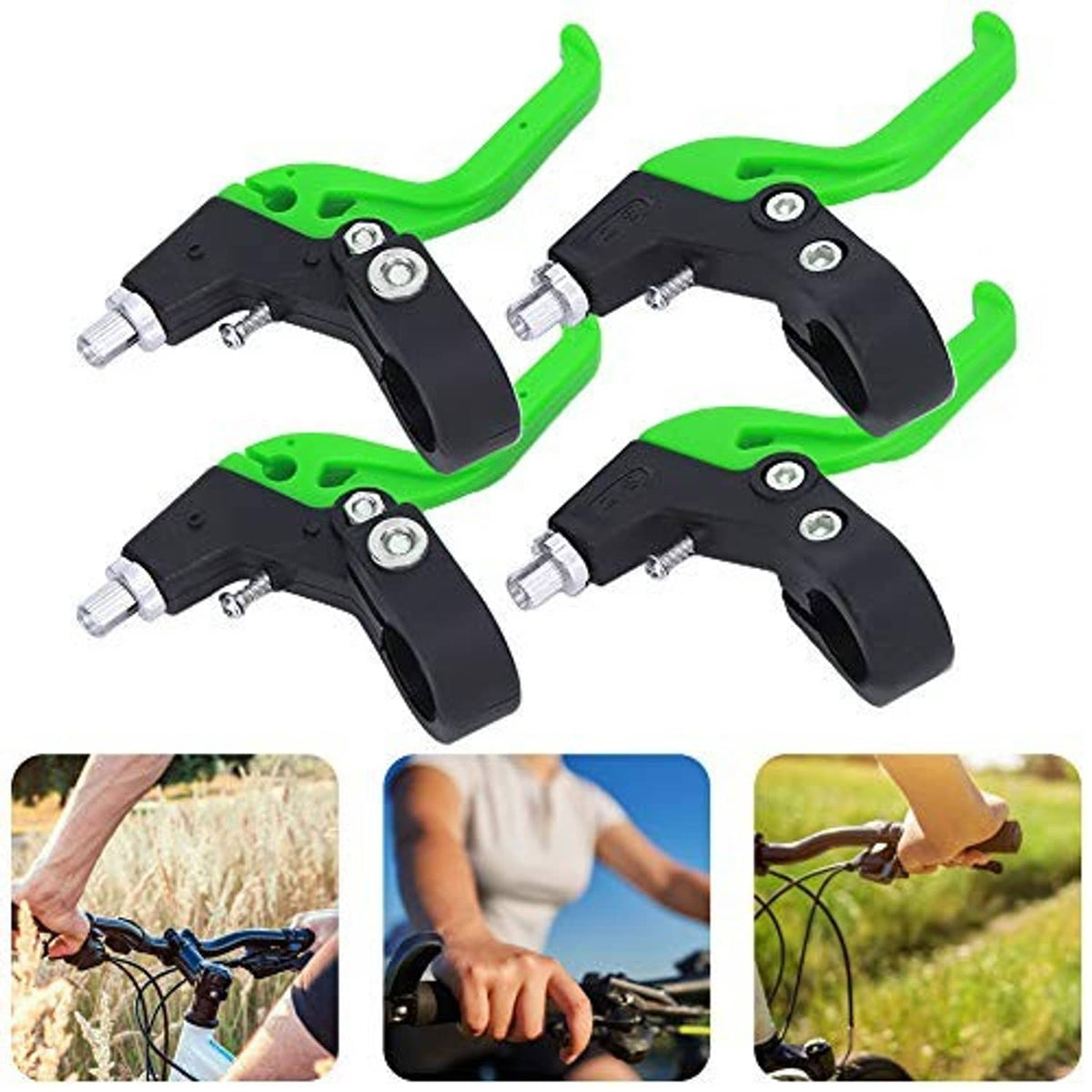 Three-finger bike brake lever set in black with neon green arms and silver hardware