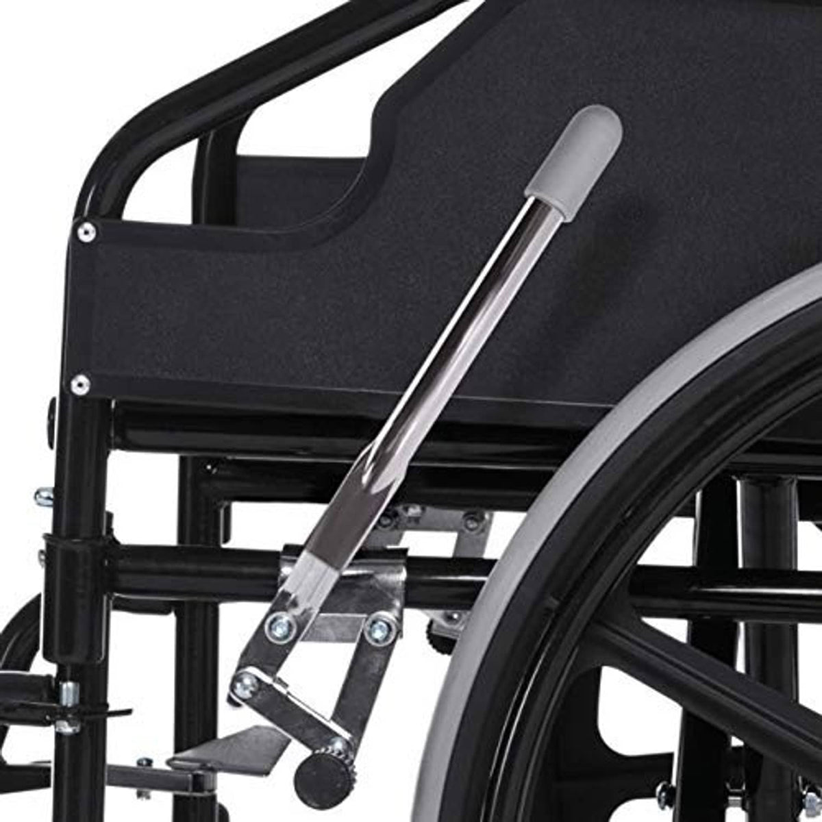 Wheelchair brake handle extension installed on frame, gray rubber grip and metal bar