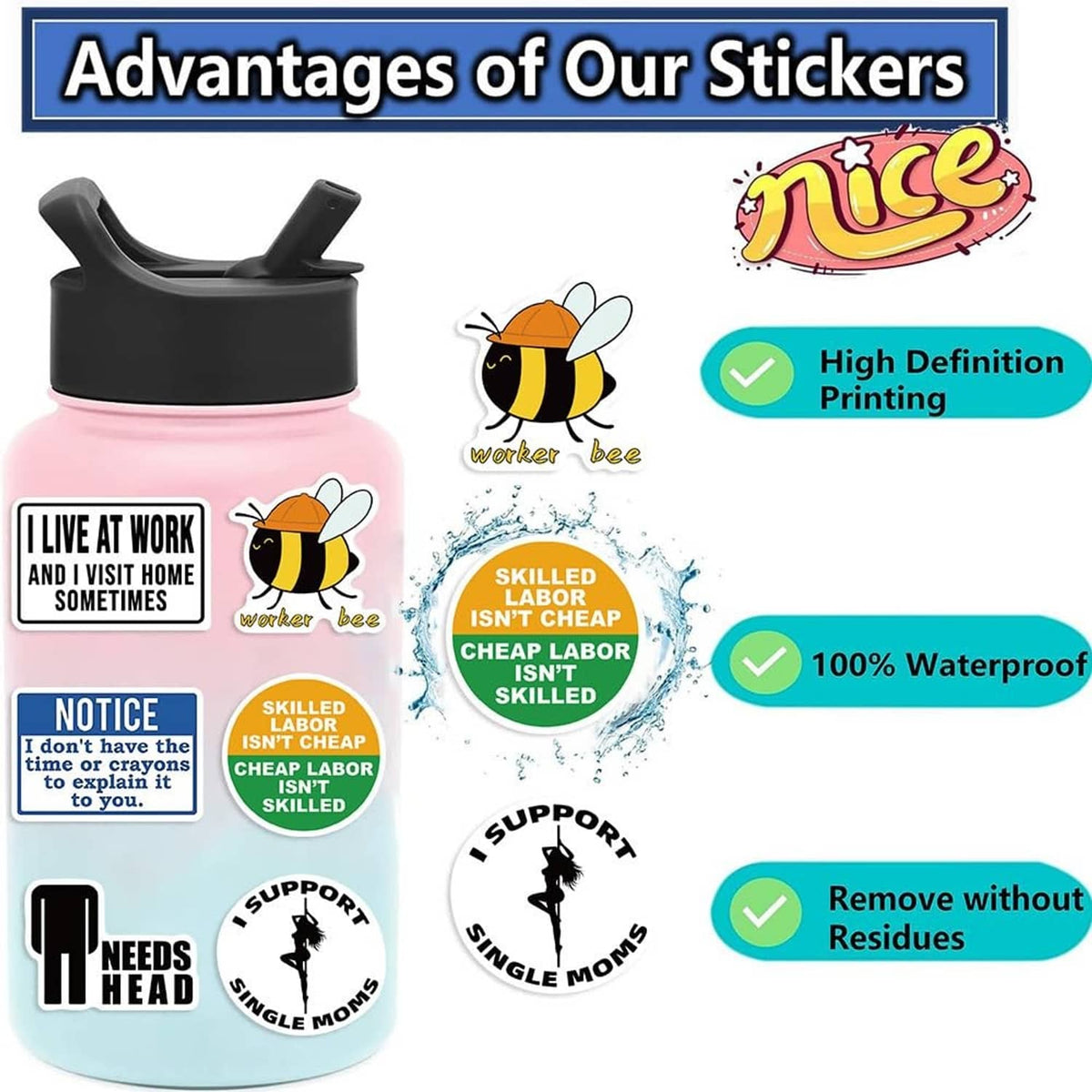 Funny hard hat sticker set on a water bottle with waterproof and remove-without-residue icons