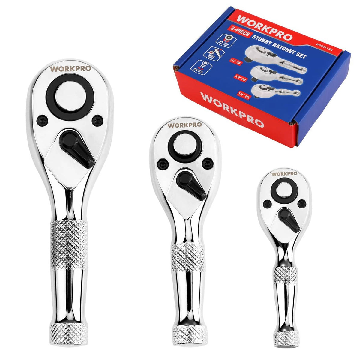 3-piece stubby ratchet set with silver chrome finish and black quick-release heads