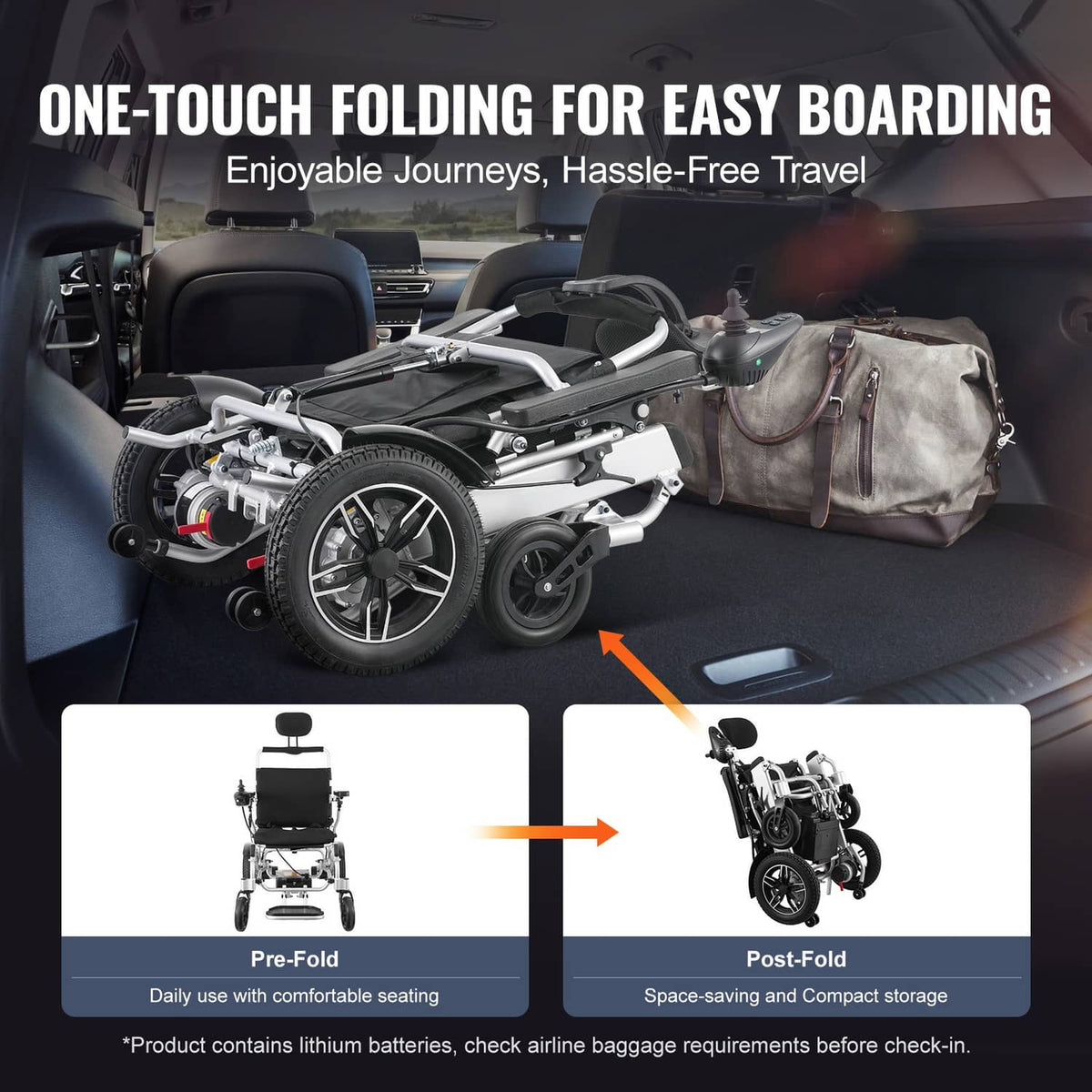 Folded electric wheelchair with black seat and backrest, silver frame for transport