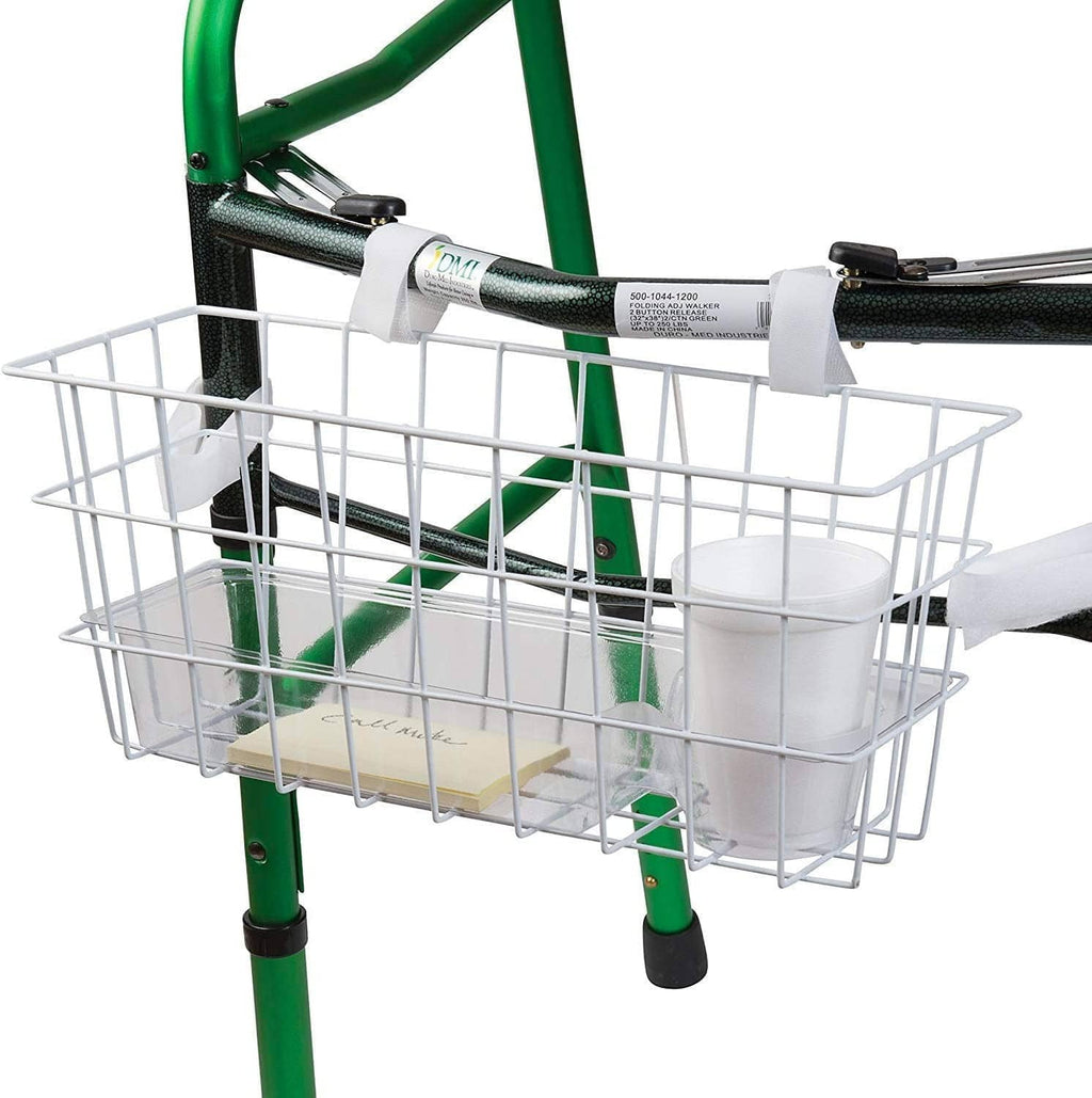 Walker-mounted wire basket with white frame and organizer bins on the rail tubes