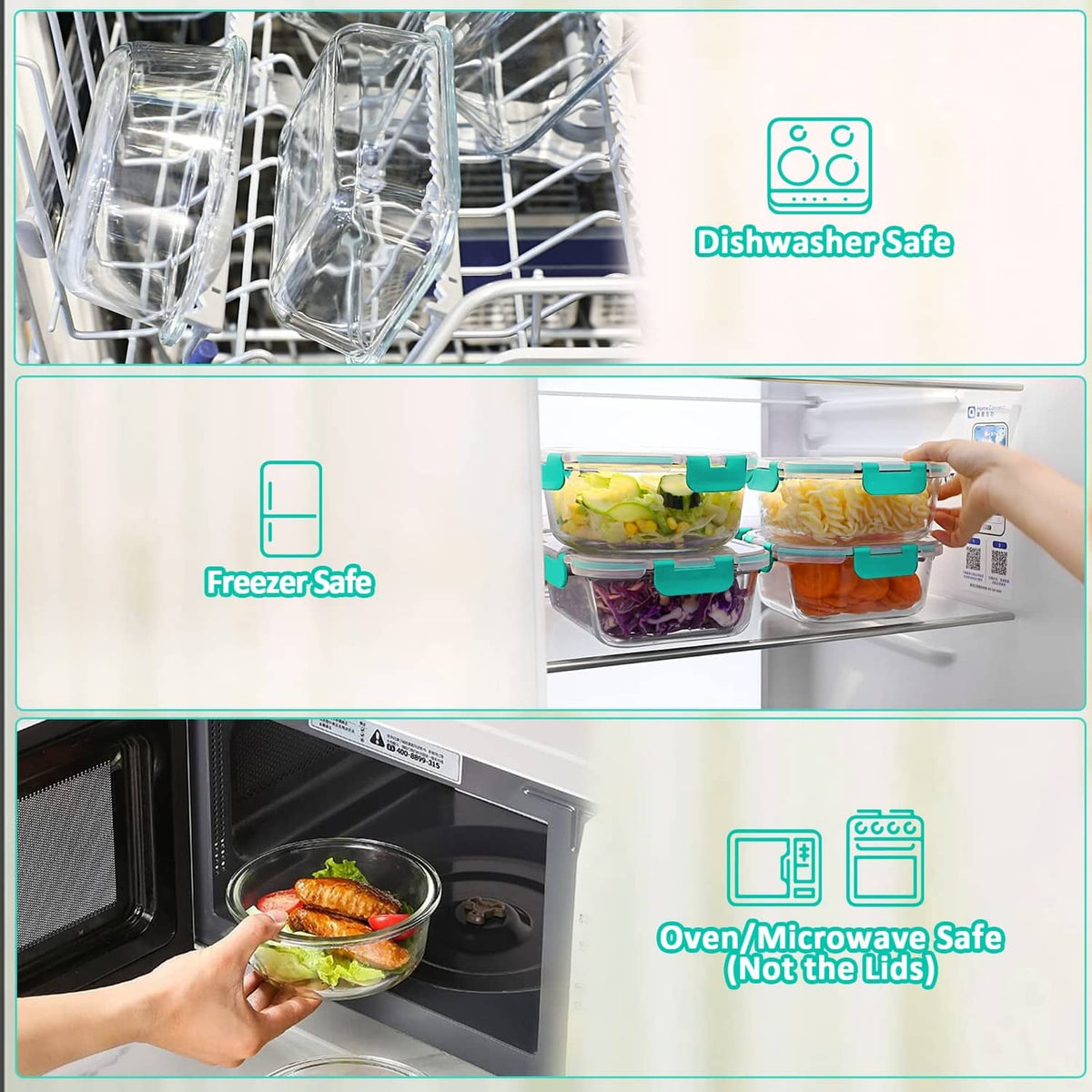 Clear glass meal prep containers with teal lids for freezer, oven, and dishwasher