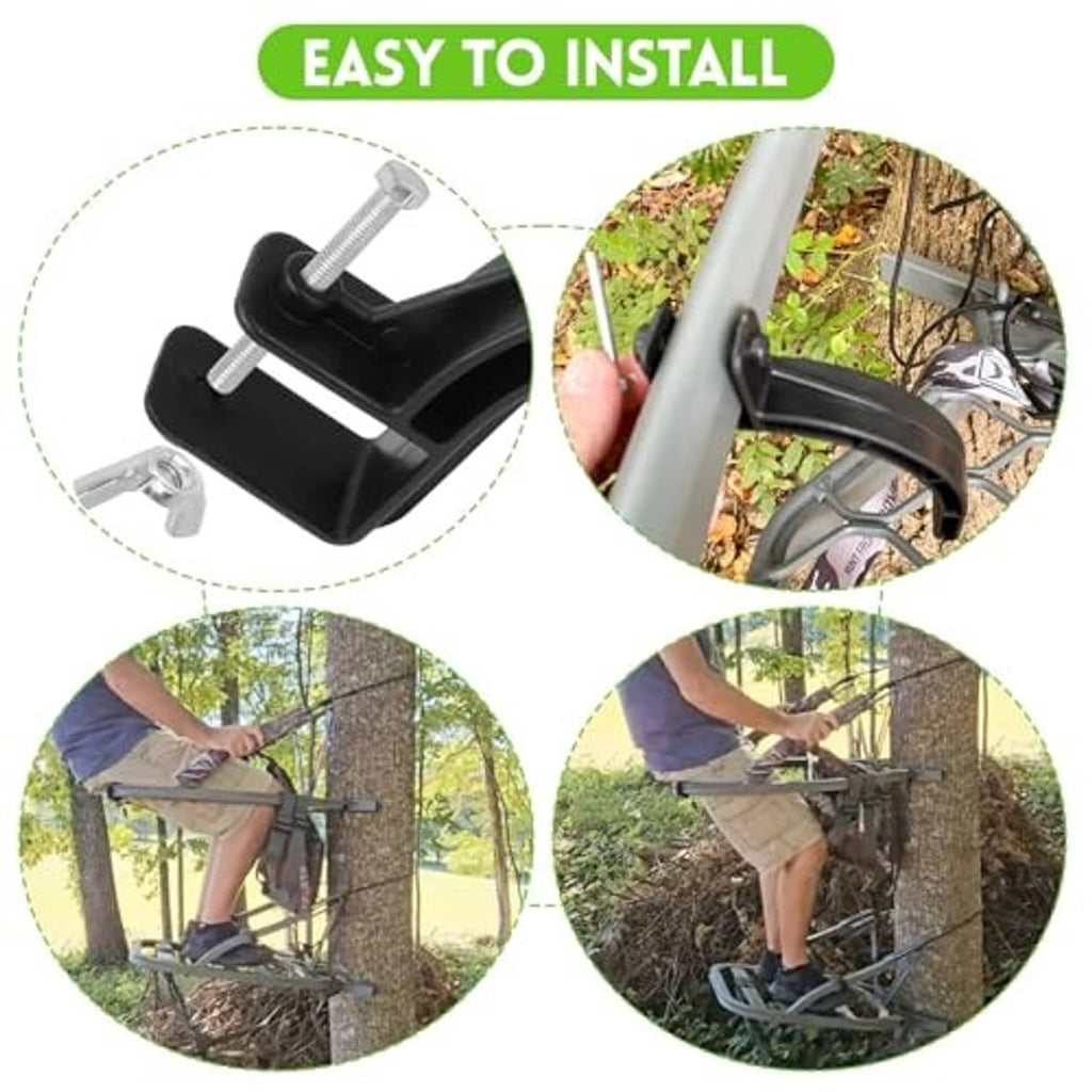 Climbing tree stand stirrup with elastic rope, shown being mounted with a screw