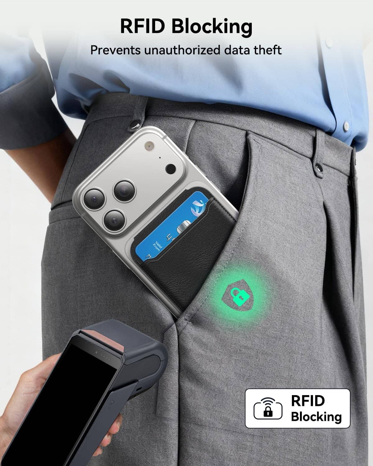 Black MagSafe wallet tucked in a pocket with RFID blocking indicator