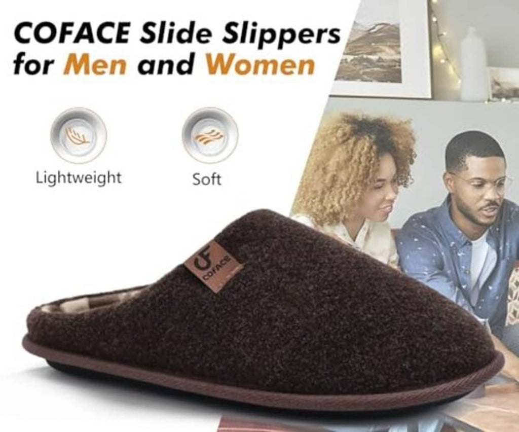 Dark brown slide slippers for indoor wear, low-profile open-heel design