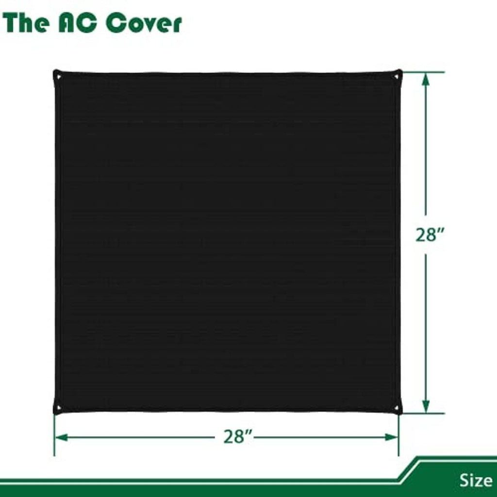 Black square AC unit cover, 28 in by 28 in, with corner grommets.