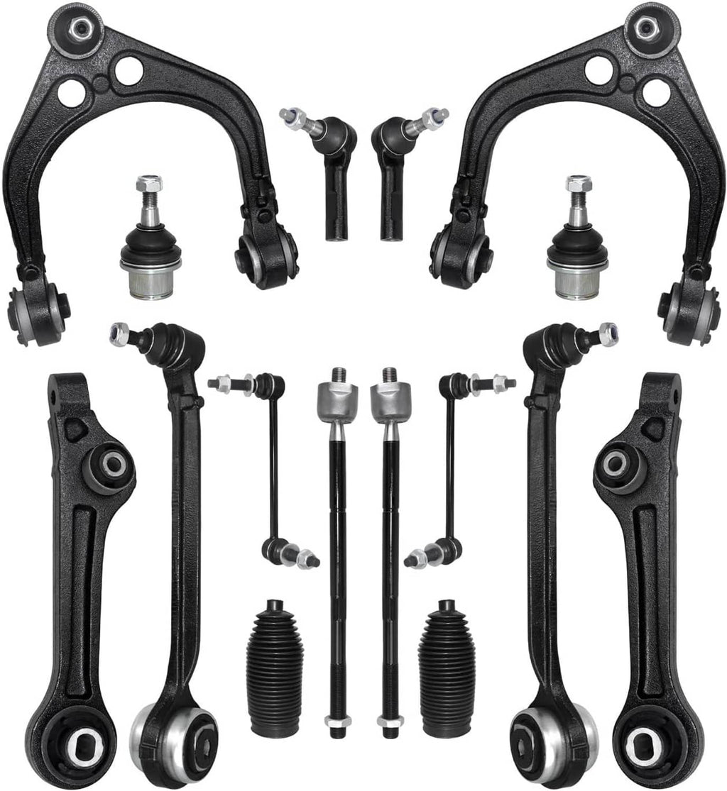 Front control arm kit with black A-arms, ball joints, link rods, and protective boots
