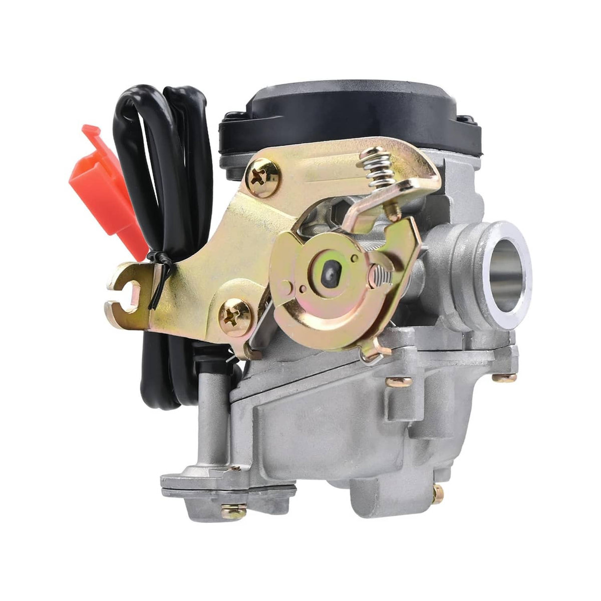 Scooter carburetor with brass actuator plate, red lever, and black wire cover