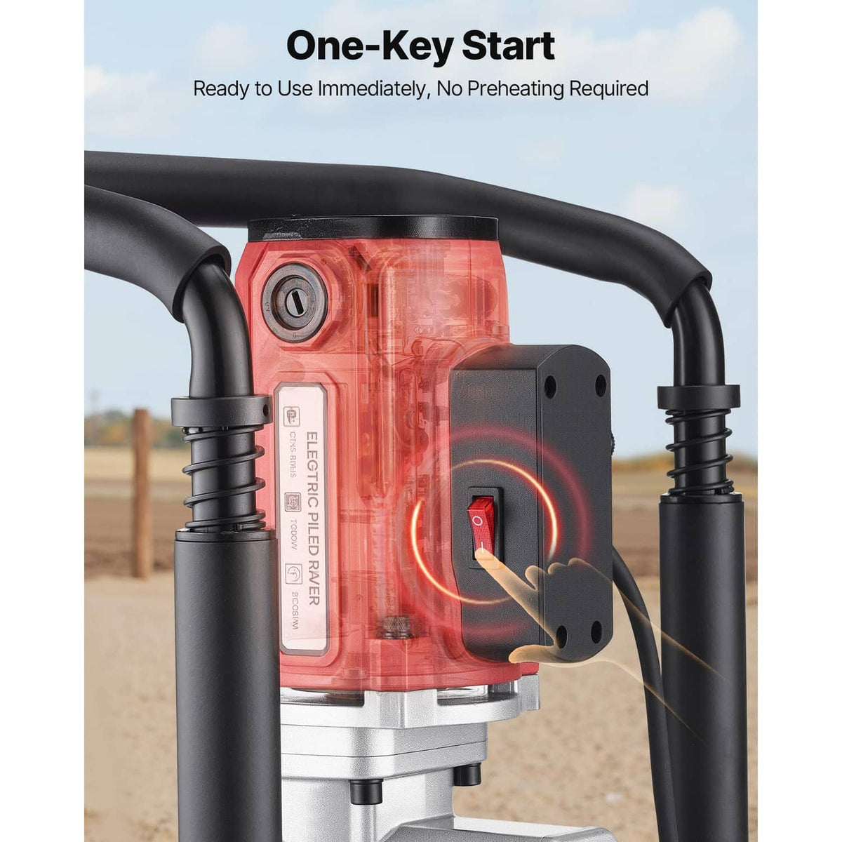 Electric piling post driver with side control handle and glowing impact area