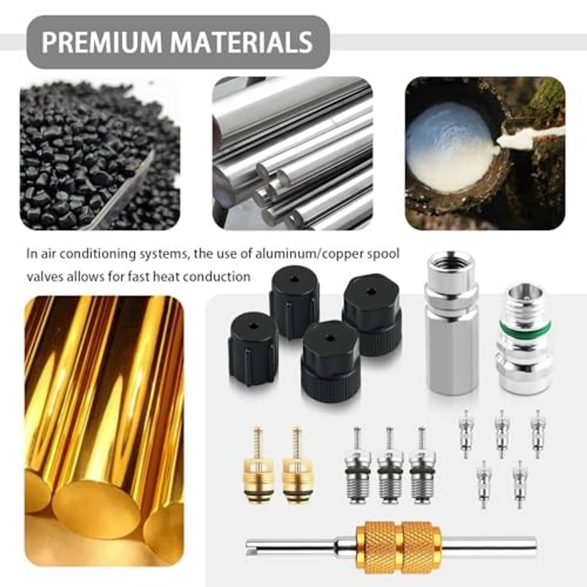 Car A/C valve core tool kit with black caps, silver stems, brass tool; premium material callouts