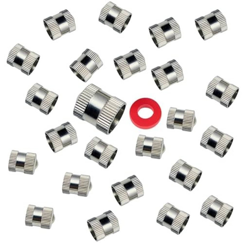 Brass tire valve stem caps with rubber seals, chrome-silver, 25-pack set