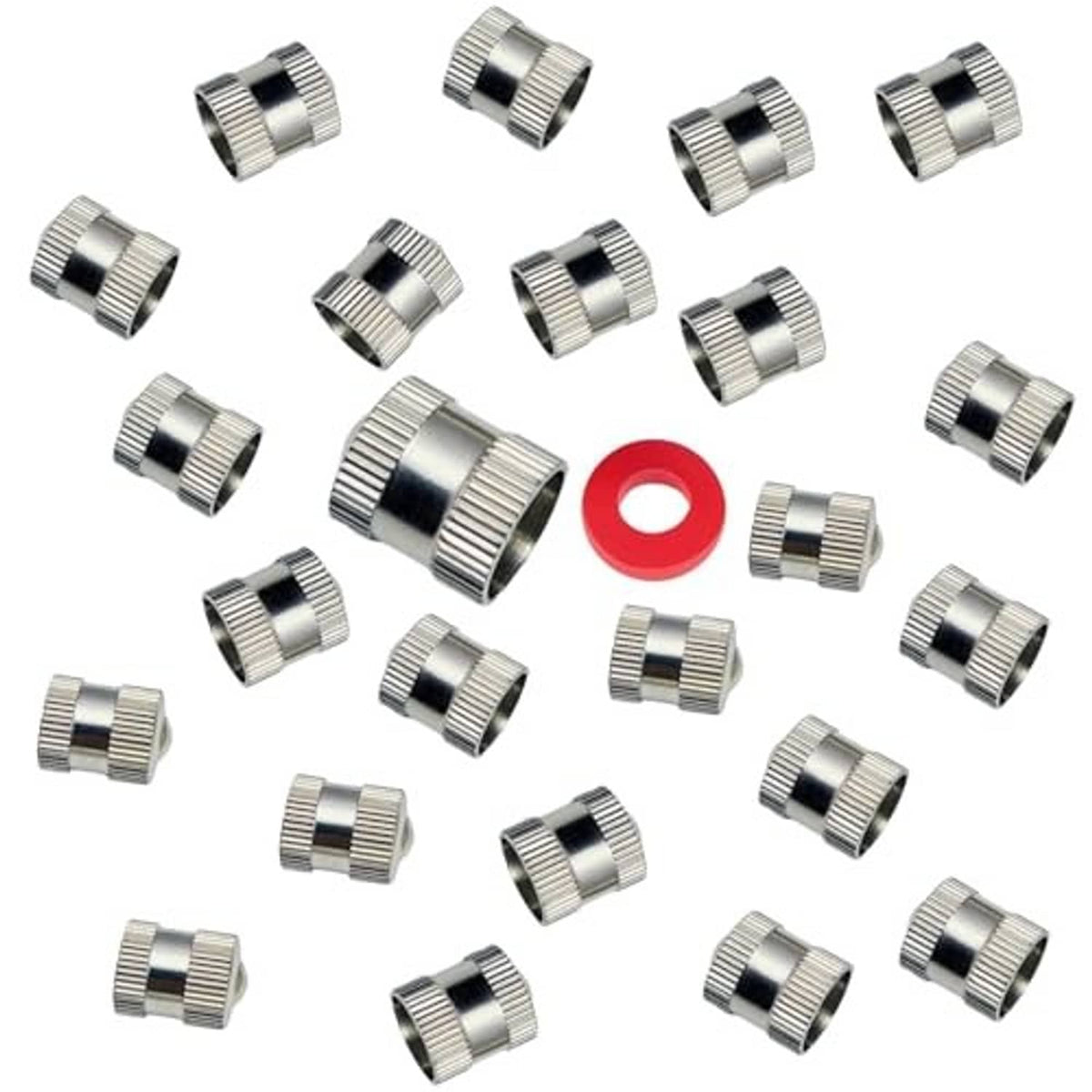 Brass tire valve stem caps with rubber seals, chrome-silver, 25-pack set