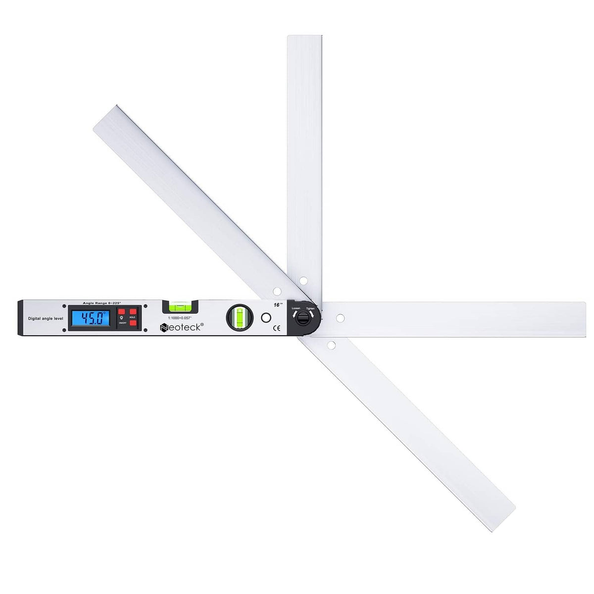 Aluminum digital angle finder with protractor arms and LCD angle readout