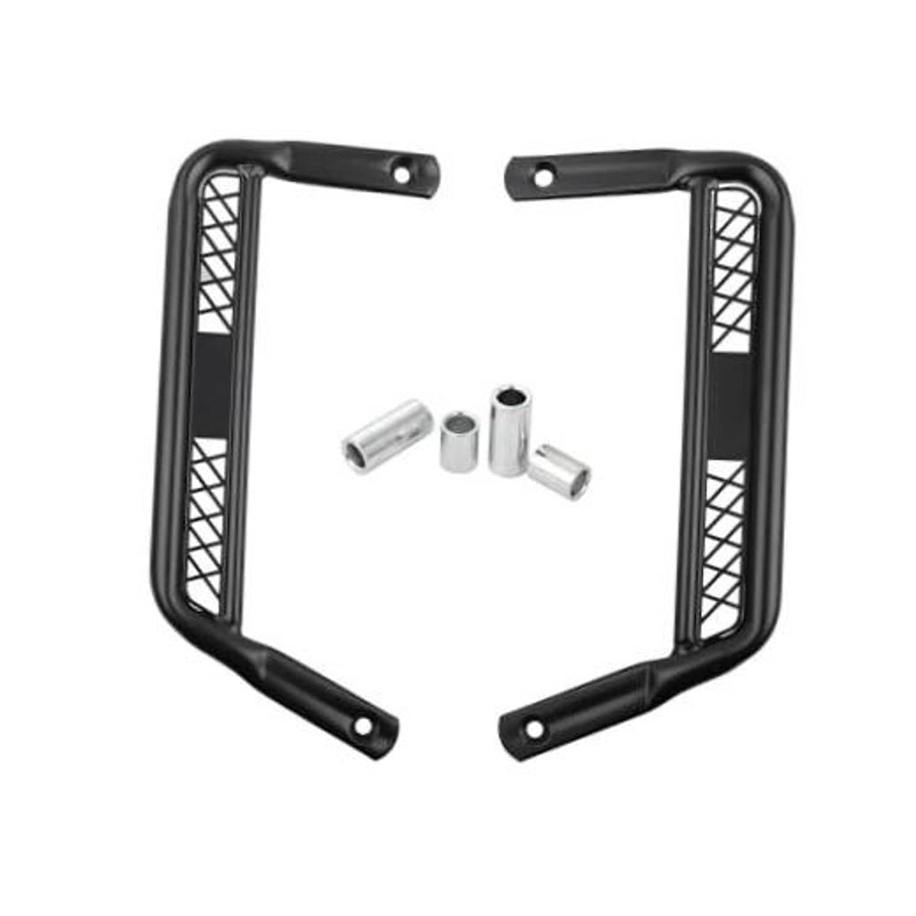 Motorcycle extended footpegs, dark metal frame with mesh panels and mounting holes