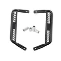 Motorcycle extended footpegs, dark metal frame with mesh panels and mounting holes
