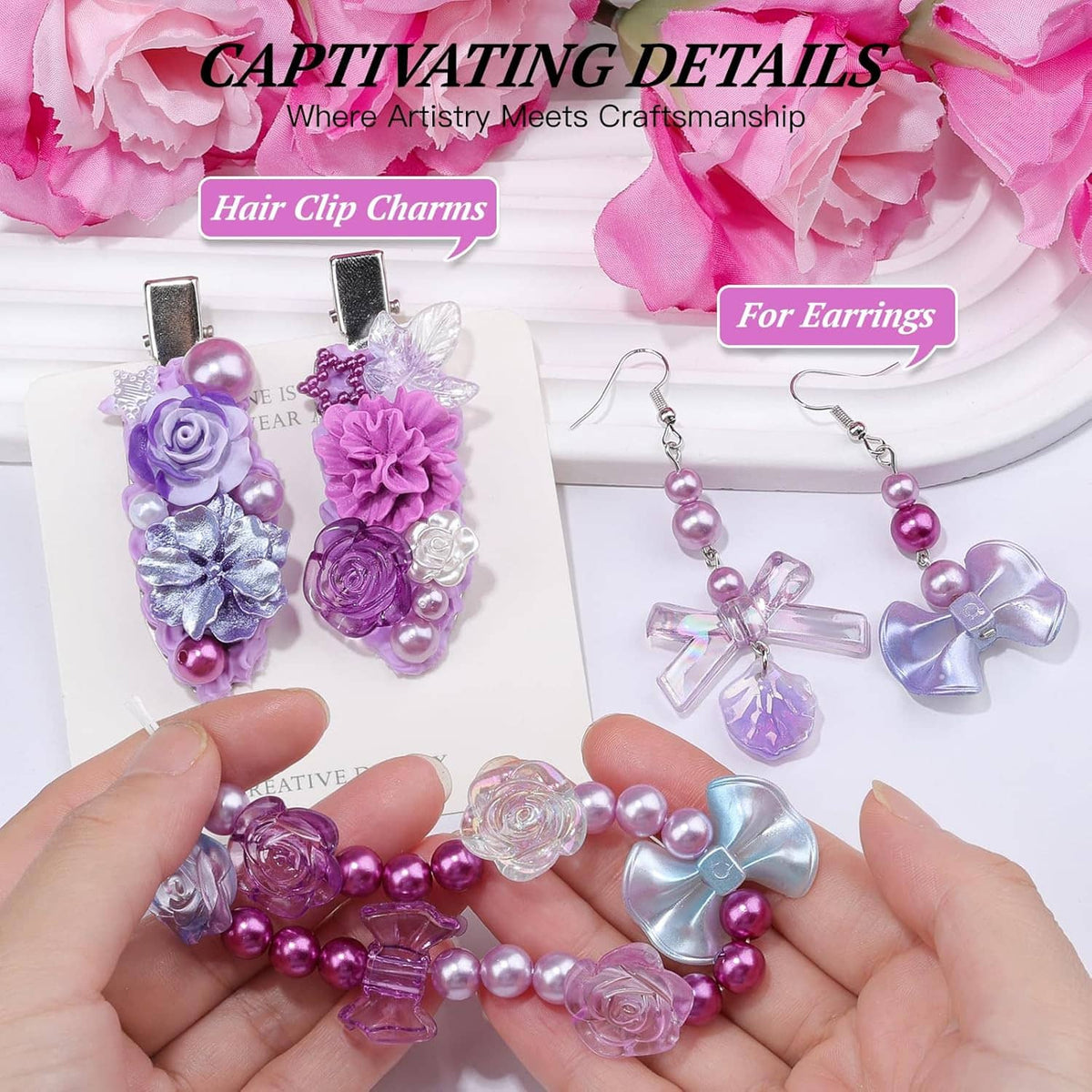Resin flower charms for hair clips and earrings, with purple beads and bow charms