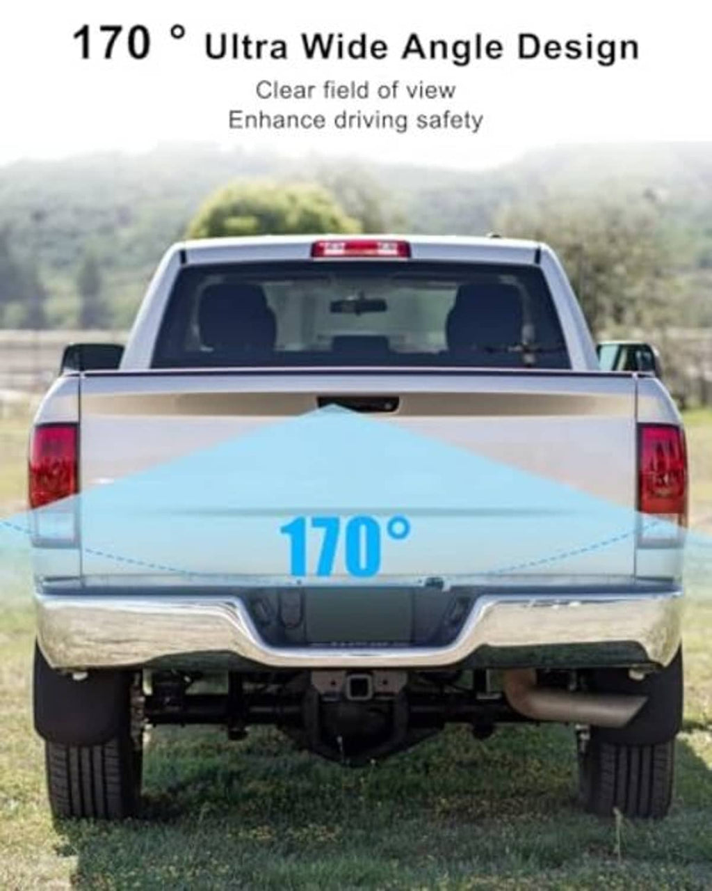 Pickup truck rear with tailgate handle backup camera installed under the tailgate