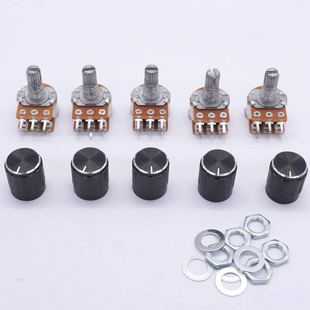 6-pin potentiometers with black knobs, metal shafts, and silver hex nuts