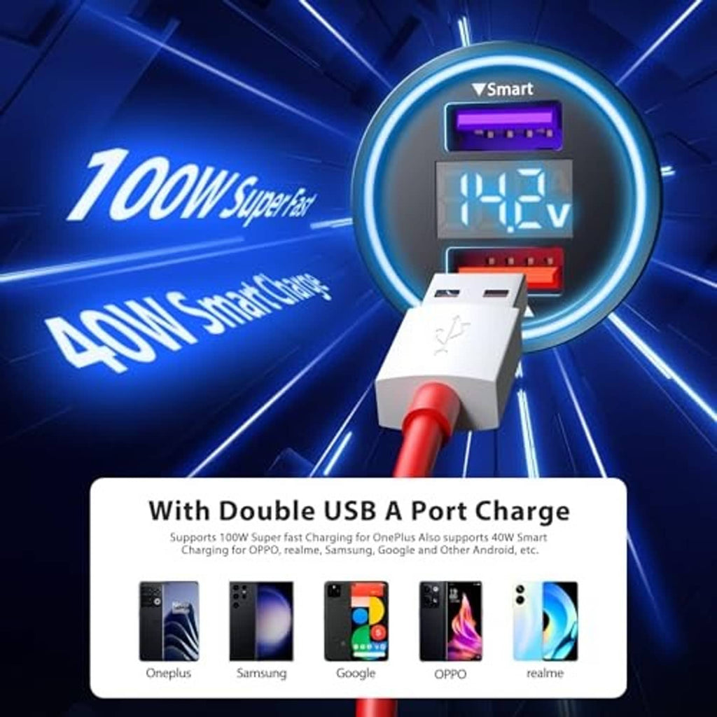 Black car USB charger with blue-lit display, red cable to USB-A and Type-C plugs