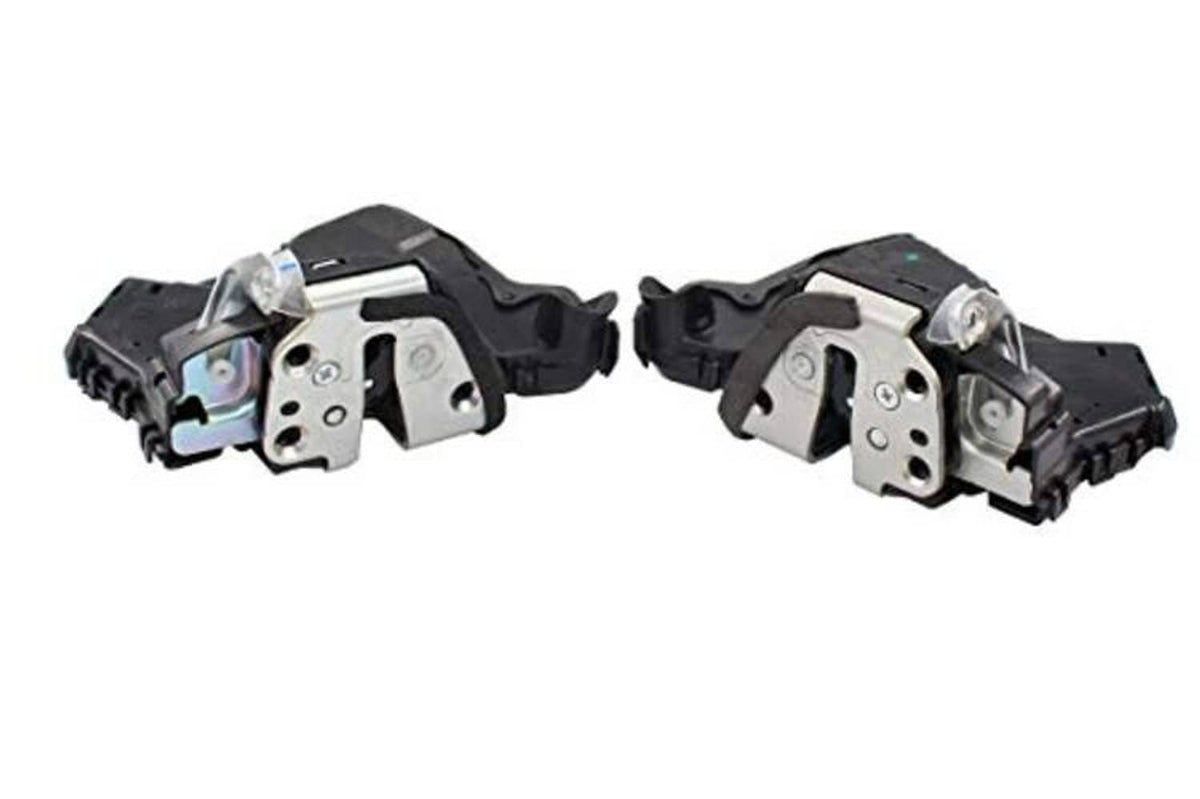 Set of 2 power door lock actuators with silver metal mechanisms, side view