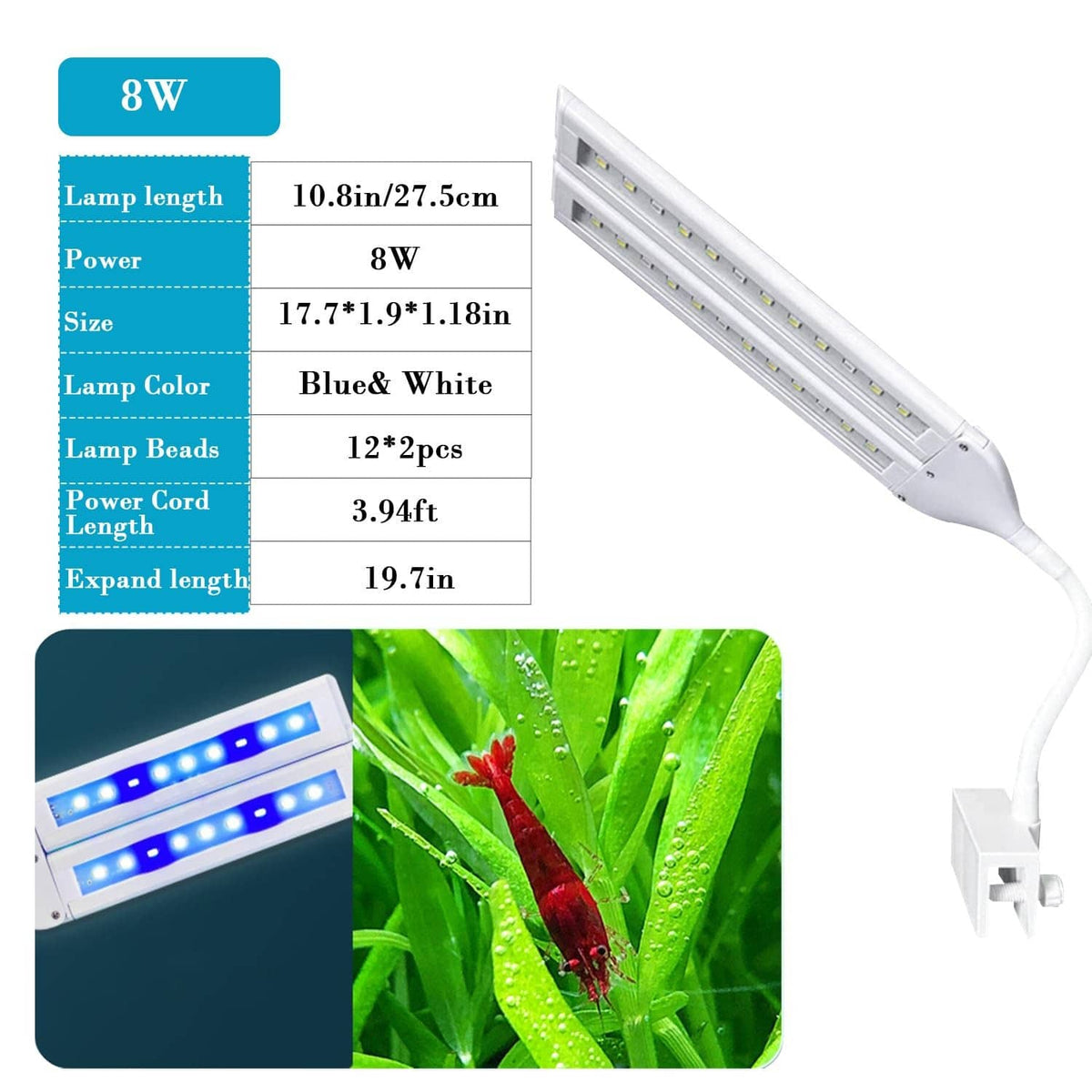 White LED aquarium clip light with power cord, showing slim bar and blue LED rows