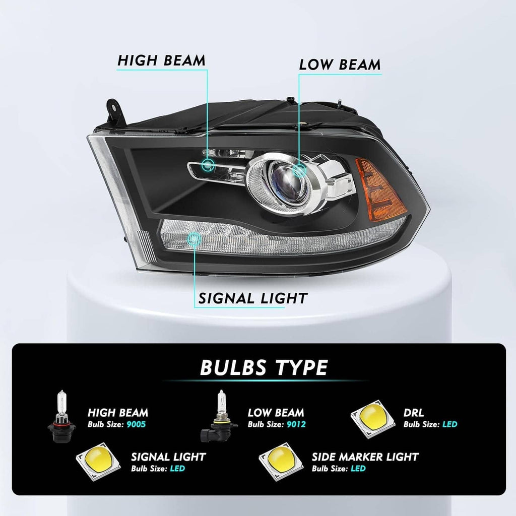 Black projector headlight showing high beam, low beam, and signal light sections