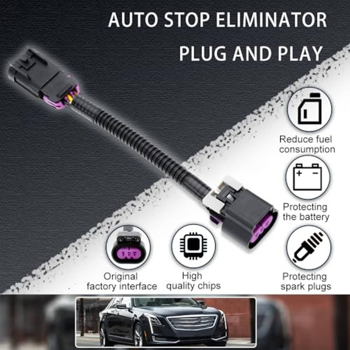 Auto start-stop eliminator plug-and-play wiring harness with purple 3-pin connector