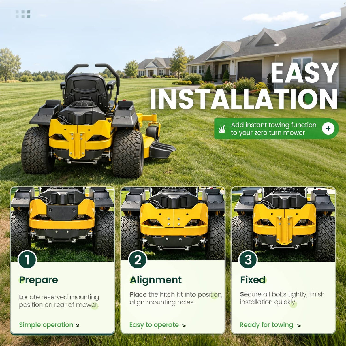 Yellow hitch kit installation sequence on a zero-turn mower