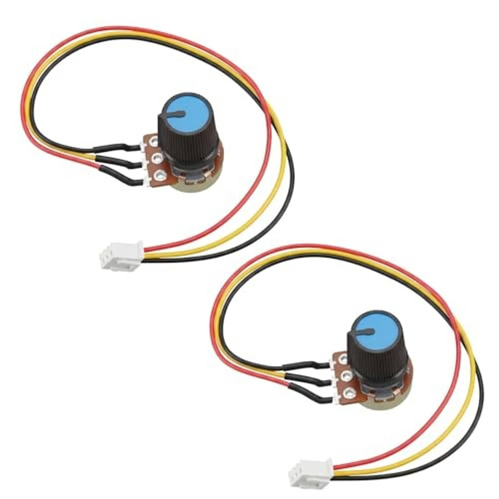 Rotary potentiometer with blue adjustment knob and multicolor lead wires, 3-pin