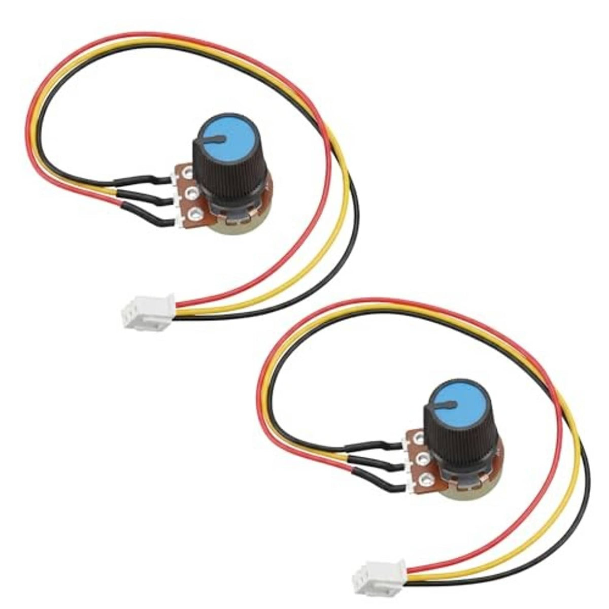 Rotary potentiometer with blue adjustment knob and multicolor lead wires, 3-pin