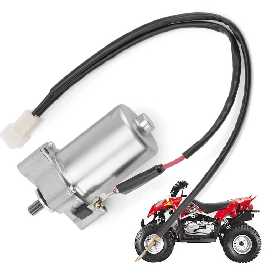 Starter motor assembly with gray motor housing and black cable leads