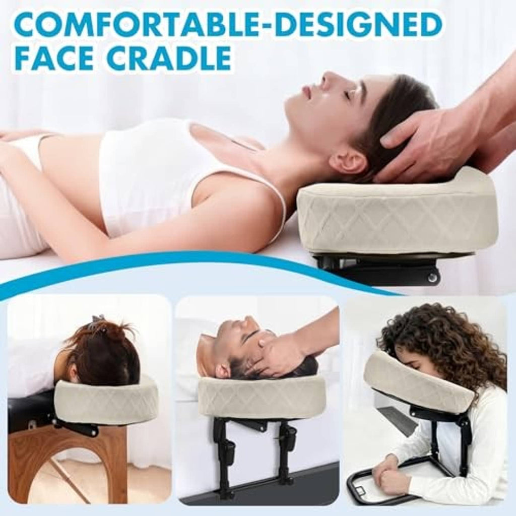 Light beige massage headrest pillow with adjustable cradle for bedside use