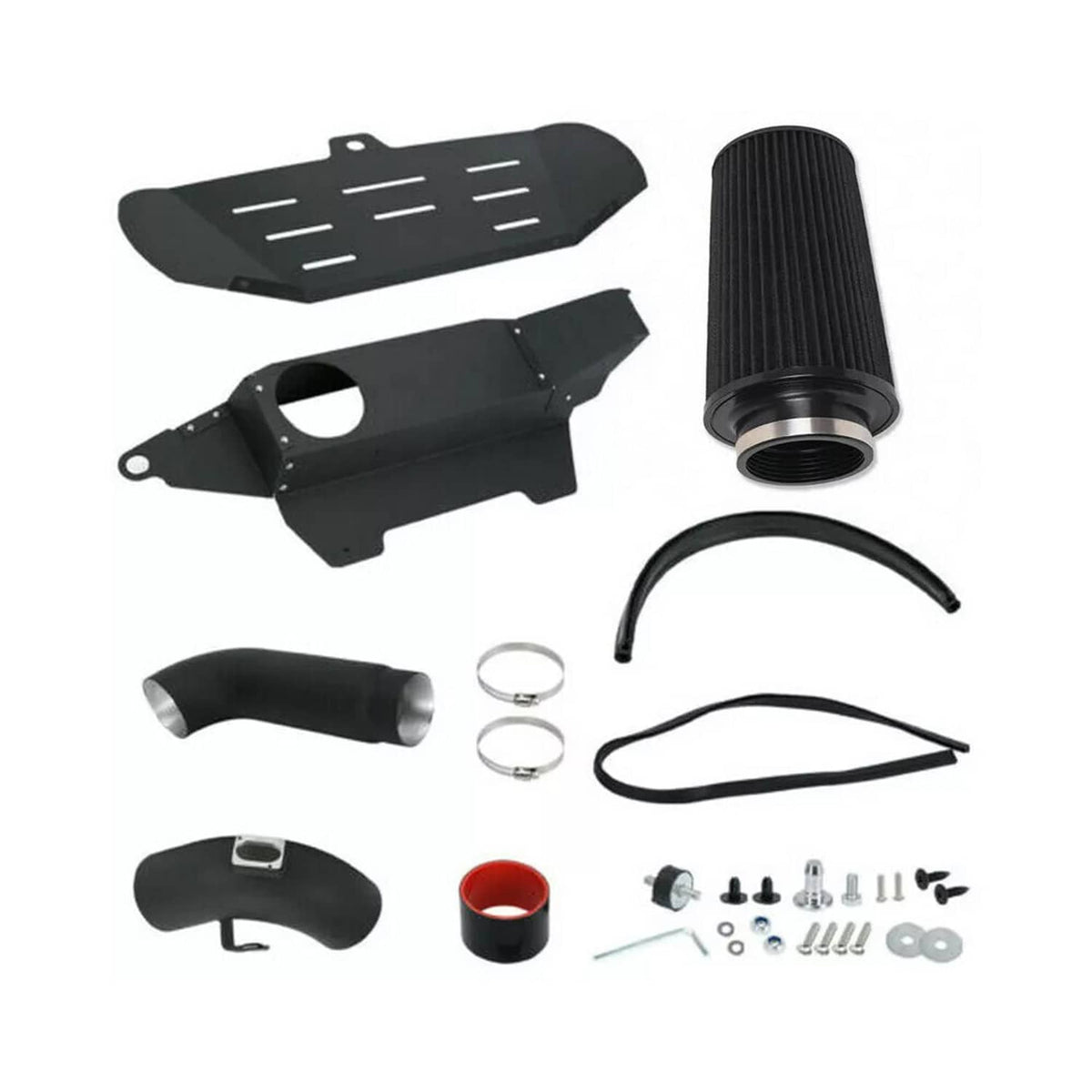 Cold air intake kit parts set: air filter, hoses, clamps, and mounting hardware