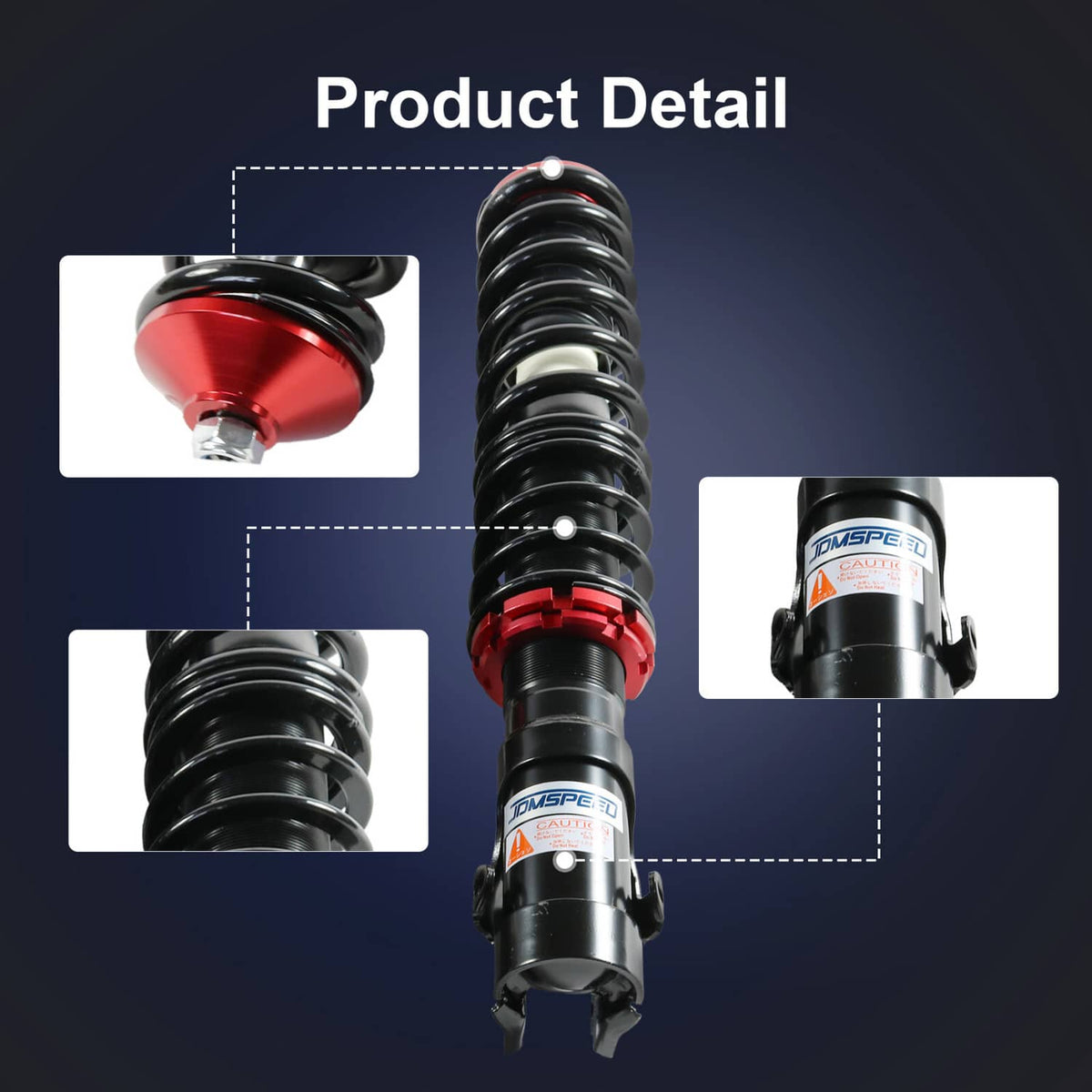 Coilover strut detail with black spring, red top mount, and black damper body