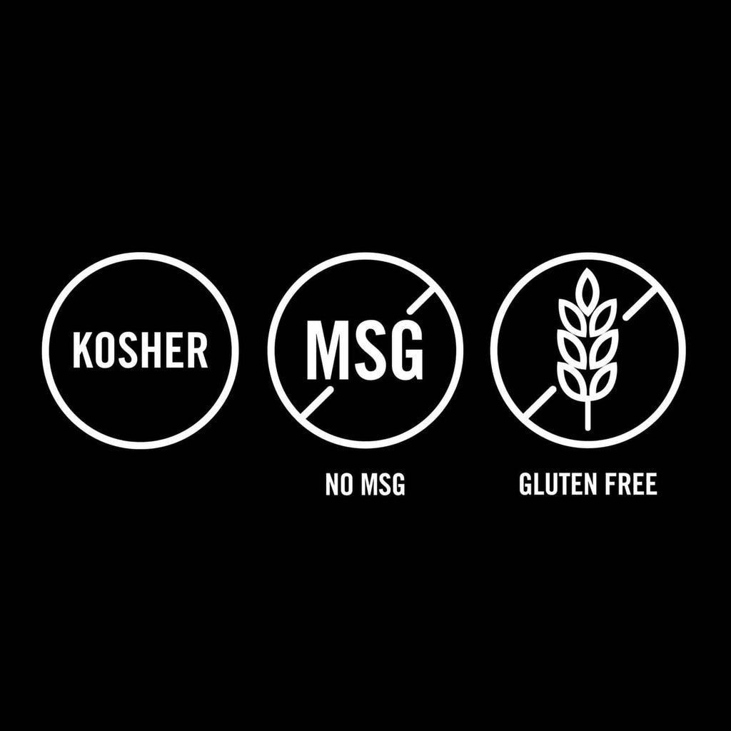 Garlic butter seasoning label icons: kosher, MSG, no MSG, gluten free
