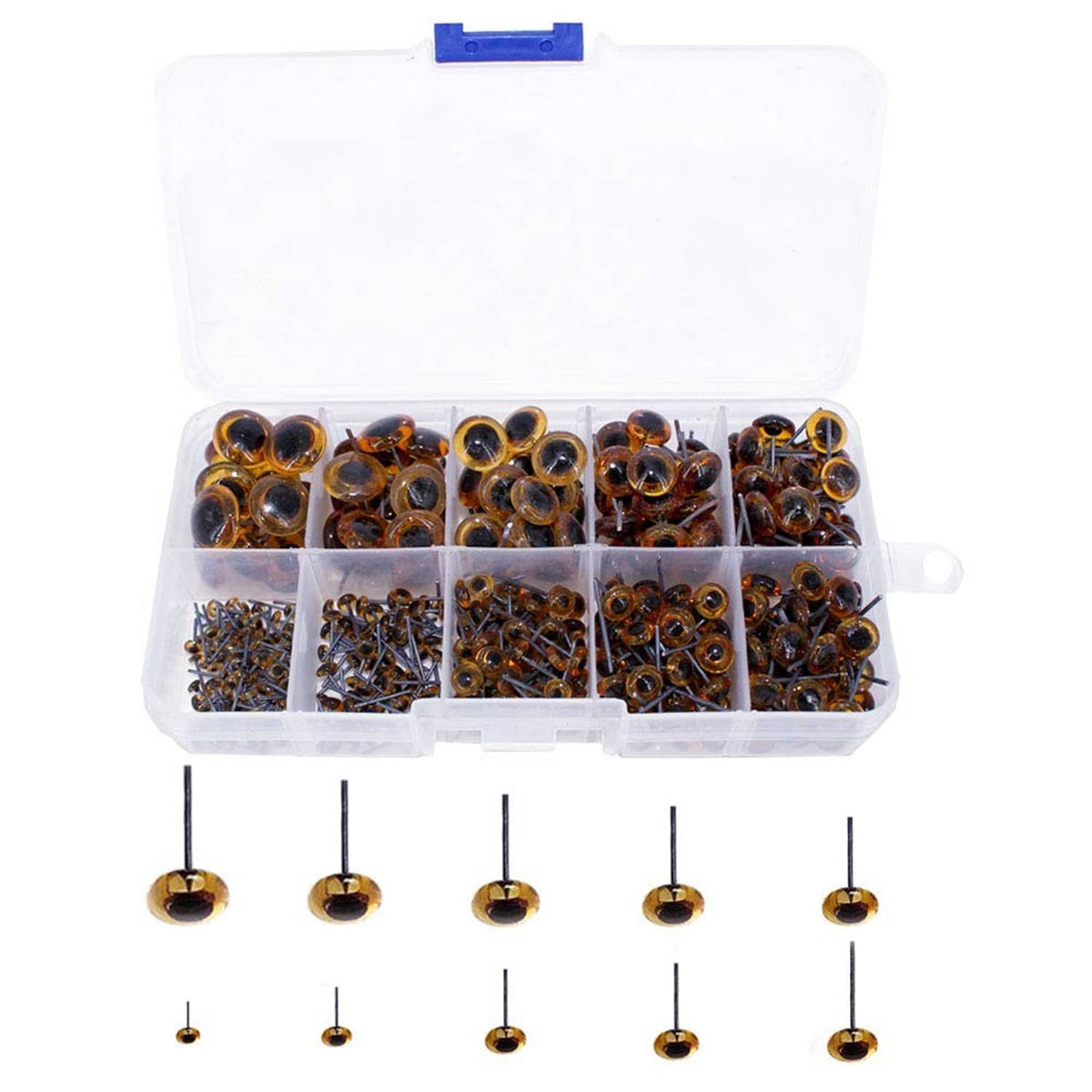 Amber glass eyes kit in clear organizer box with assorted sizes and pin backs