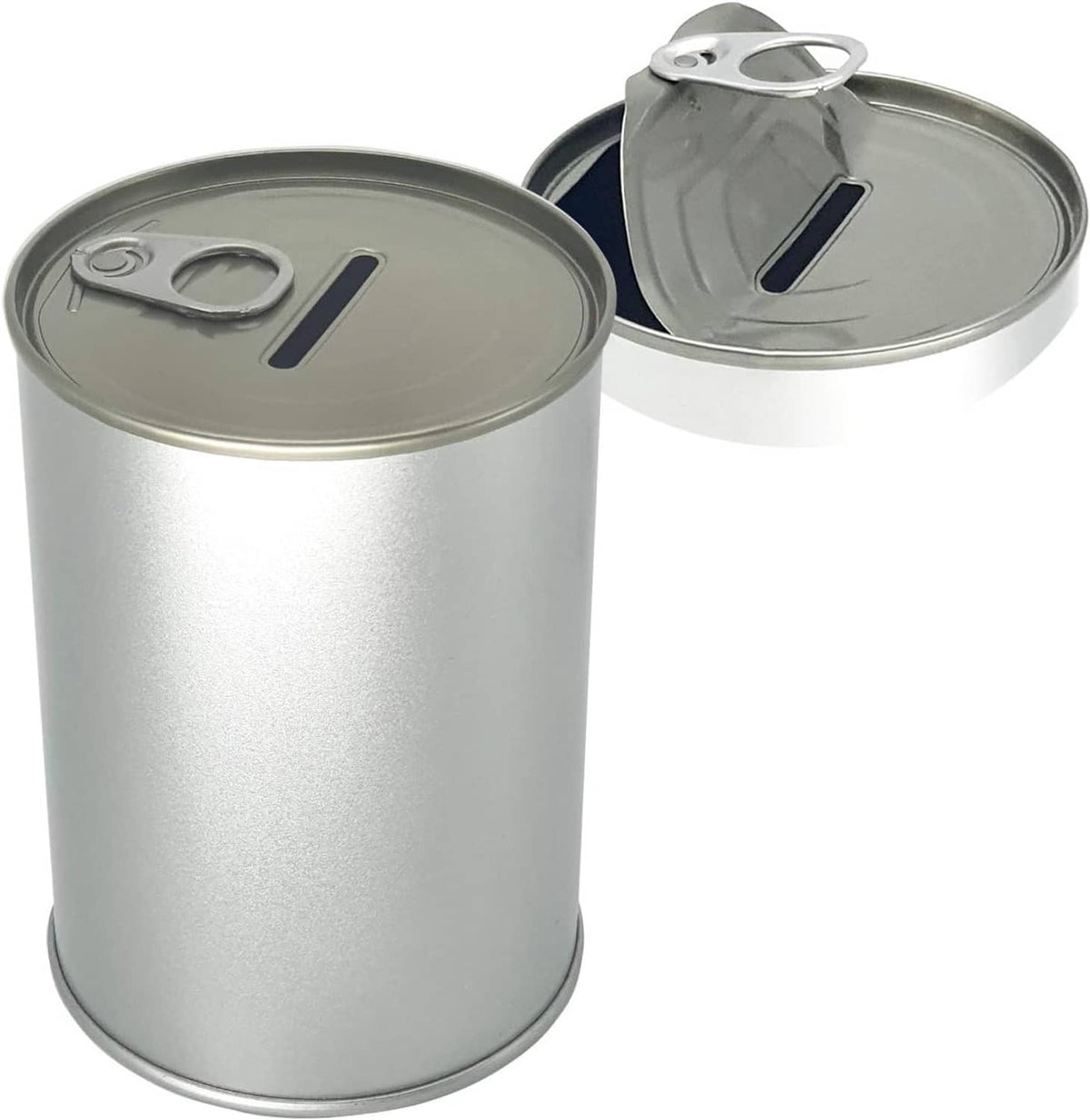 Silver metal coin piggy bank with easy-open end lid and coin slot