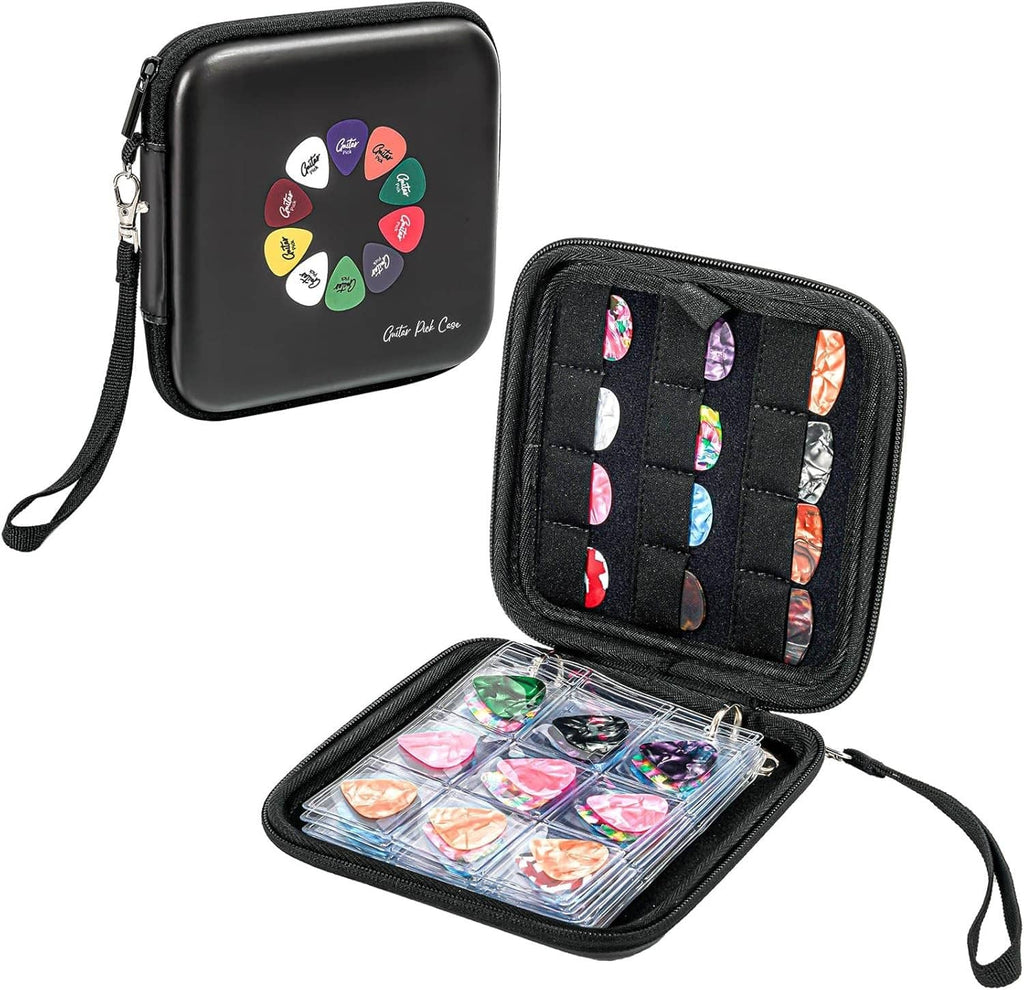 Black guitar pick case opened to show divided slots and a clear compartment for picks