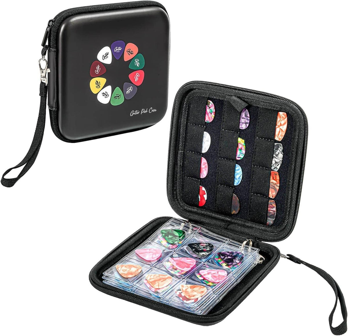 Black guitar pick case opened to show divided slots and a clear compartment for picks